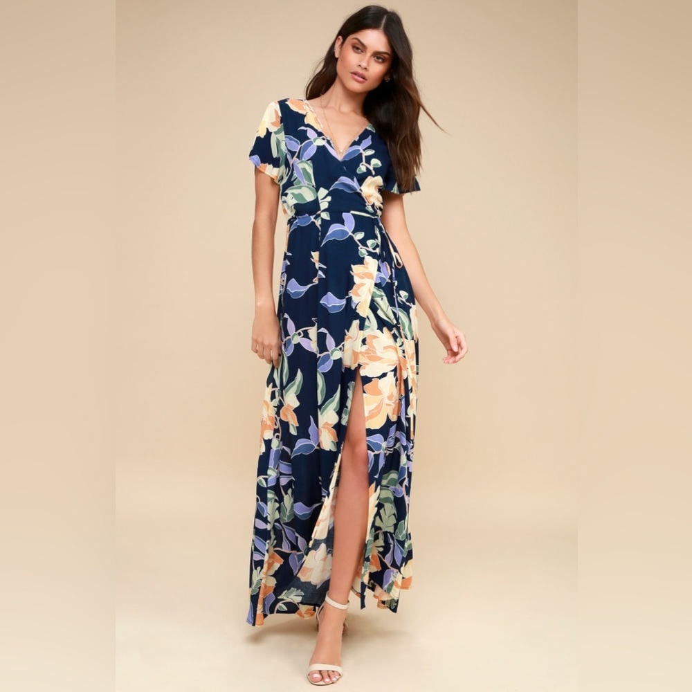 Lulus Heart of Marigold Navy Blue Tropical Print Wrap Maxi Dress